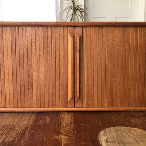 MCM Teak Wood Tambour Rolling Sliding Doors Wall Hanging Flush Mount Floating Shelf Cabinet Mid Century Modern Wooden Midcentury Mounted