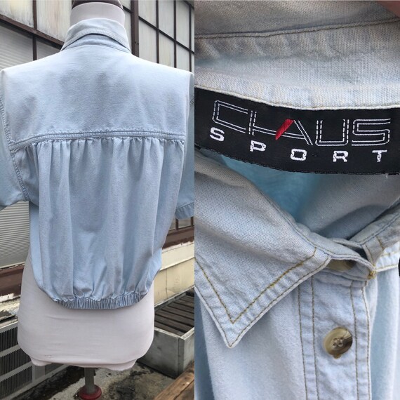 80s Cotton Blue Bleached White Shirt  Denim Boxy … - image 10