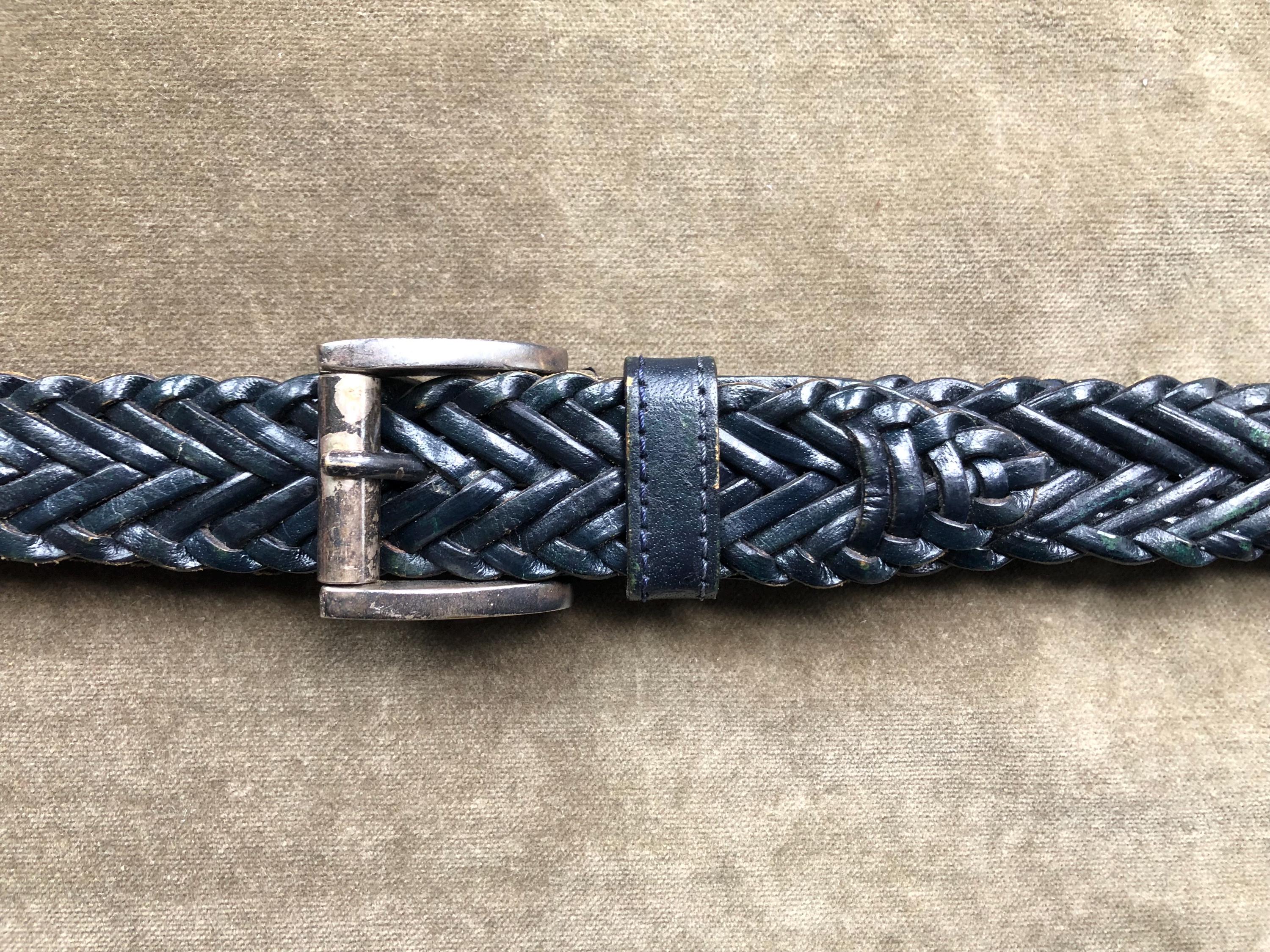 90s Dark Navy Blue Teal Leather Woven Belt India Adjustable  display picture 2