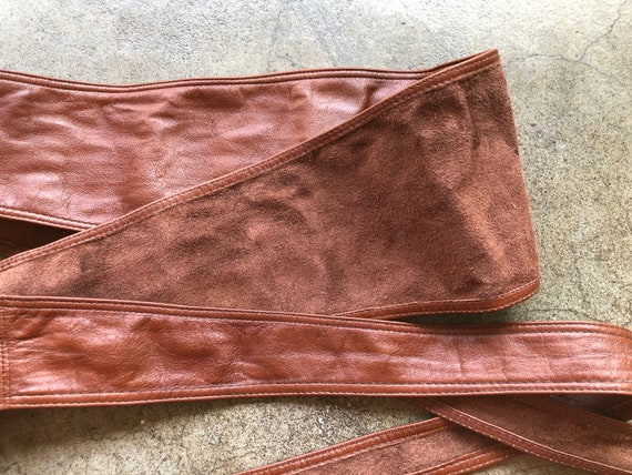 70s Brown Wide Thin Leather Sash Tie Fashion Belt… - image 5