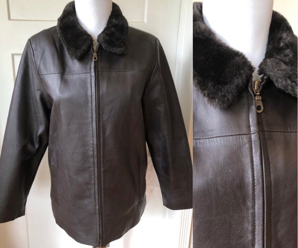 90s Espresso Dark Brown Leather Fuzzy Faux Shearling Fur