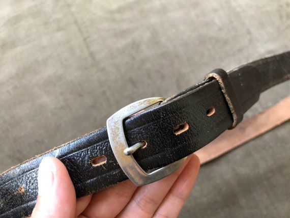 50s 60s Skinny Retro Black Leather Belt Steel Sil… - image 6