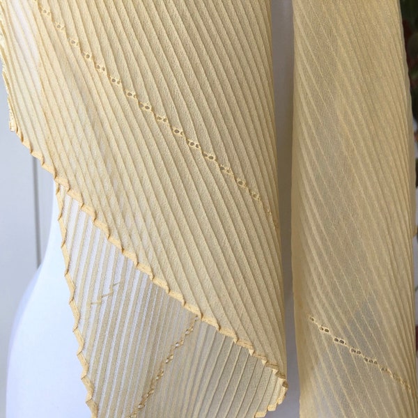 Sheer Silk Chiffon Pleated Pleat Plisse Large Wide Long Evening Shawl Scarf 1970s 70s Vintage Lace Lacy Earthy Light Yellow Boho Retro Eyele