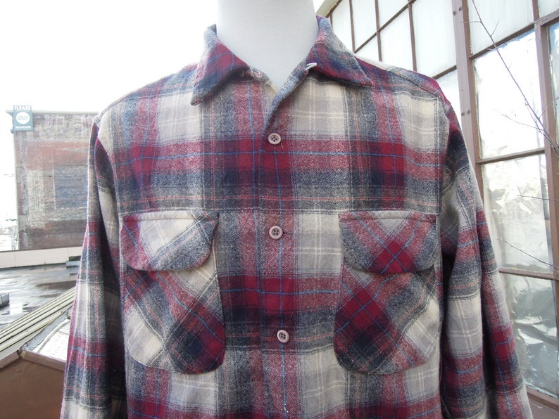 Vtg Pendleton Wool Plaid Woven mens oxford Shirt M burgundy ivory gray shadow plaid w chest pockets 80s 90s vintage flannel