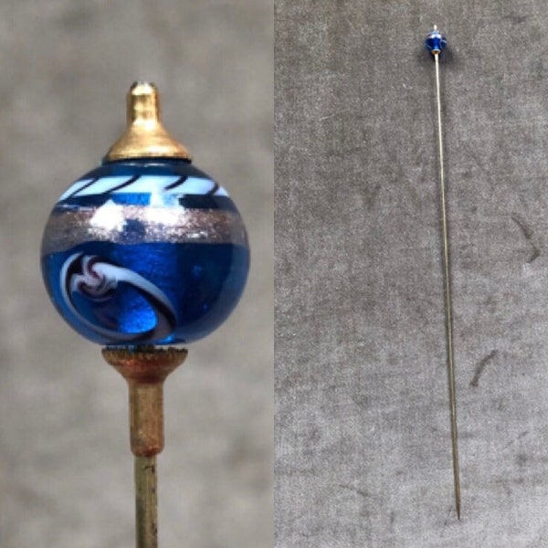 Antique Victorian Extra Long 12" Hat Pin Stick Vintage Blue Art Glass Bead Italian Lampwork Millefiori Splatter Italy Swirl Venetian Hatpin