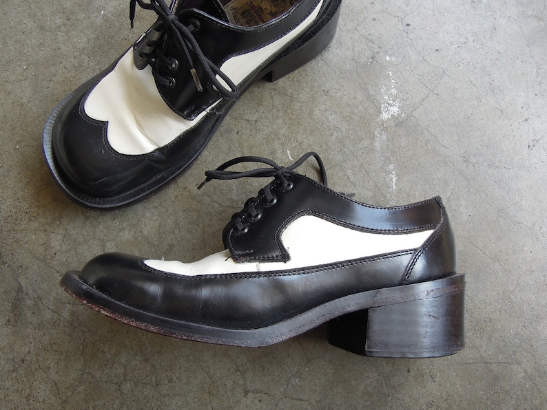 Vtg Jokers Wild Chunky Leather 2 Tone Lace Up Oxfords Black and White Wingtip Brogue womens size 6 6.5 M W 80/'s 90/'s Dr Martens insp Vintage