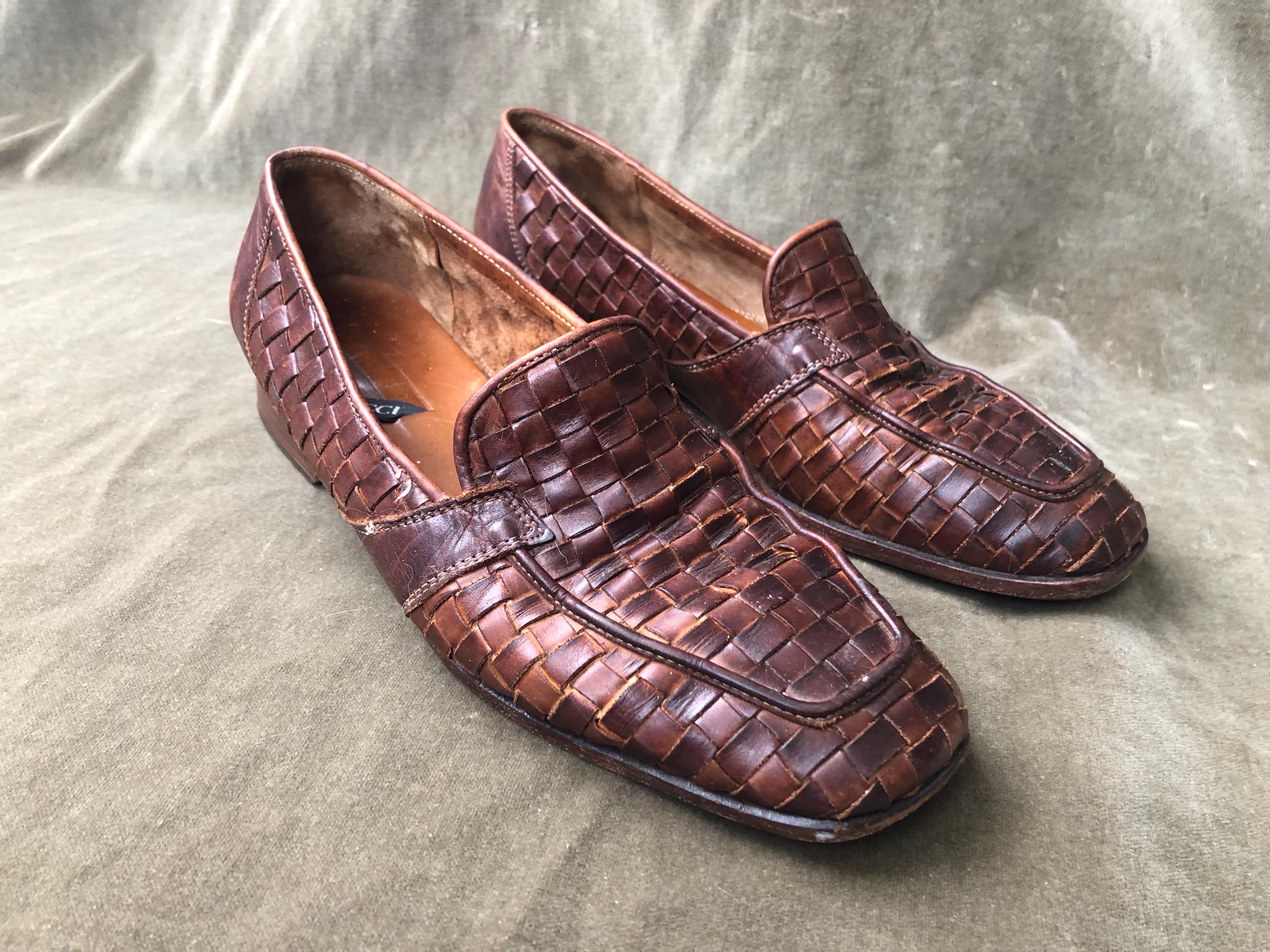 【USED】90's Italy製 leather Loafers 90s Italian Sesto Meucci Brown Leather Slip on Woven Braided