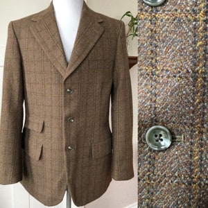 Antique Yorshire Tweed Plaid Wool Sport Suit Coat Jacket Blazer 38 R Dunn & Co. Great Britain 1940s 40s 1950s 50s Vintage Olive Green Brown