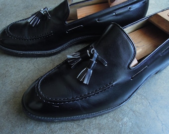Mocasines KOW HOO de piel de becerro, sencillos, con borla, de cuero negro, suela de corteza de roble, estilo vintage para hombre, talla 8 (8.5 M). Piel de becerro, años 80 y 90.