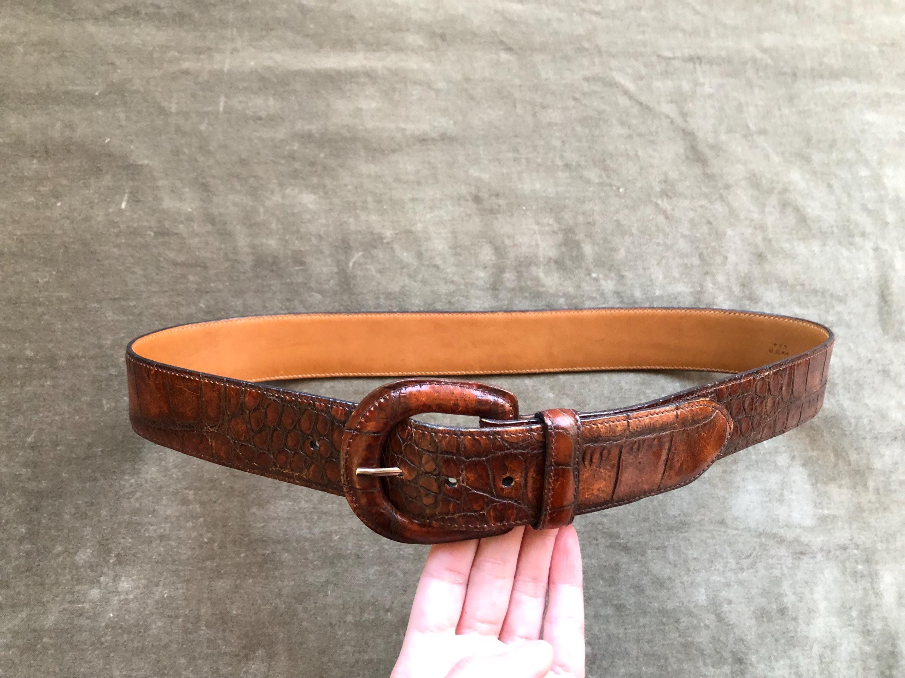 90s Y2k Wide Leather Brown Croc Embossed Fashion Belt Womens  display picture 1