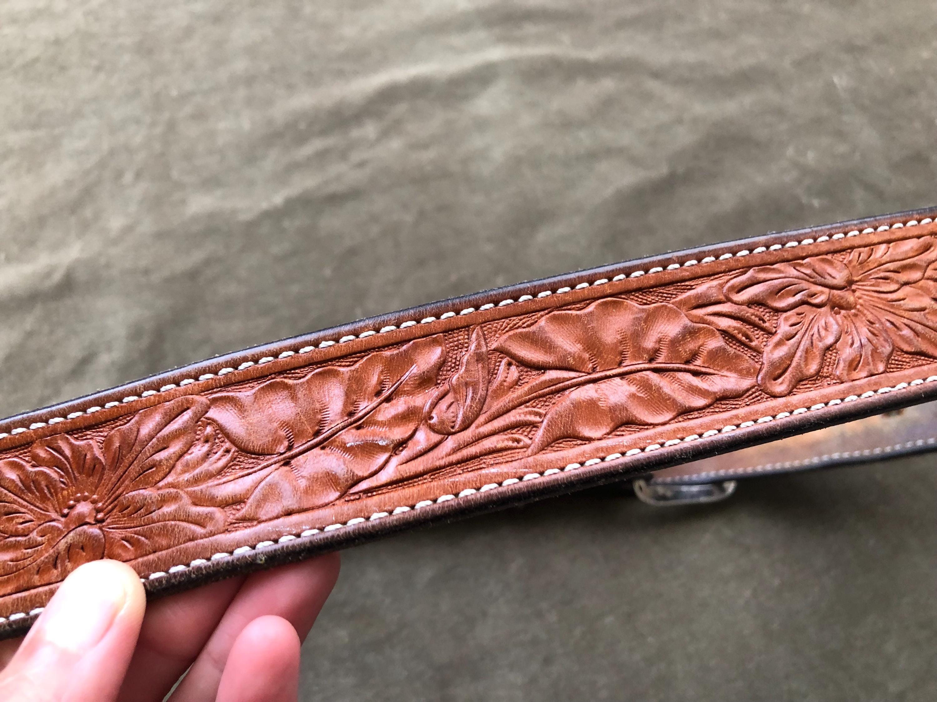 Vintage Womens Tooled Leather Belt L/XL Brown Floral Bohemian Western 33-37 Texas Saddlery | Saddle Tan Floral Belt – Outpost Western Store main image 2