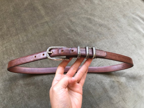 Skinny Aged Brown Leather Western Belt Silver Ton… - image 4
