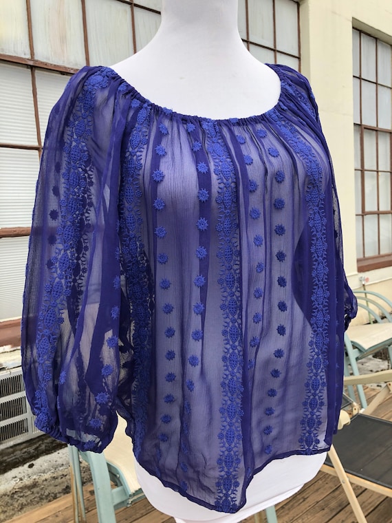 Blue Sheer Silk Chiffon Floral Embroidered Boho Peasa… Gem