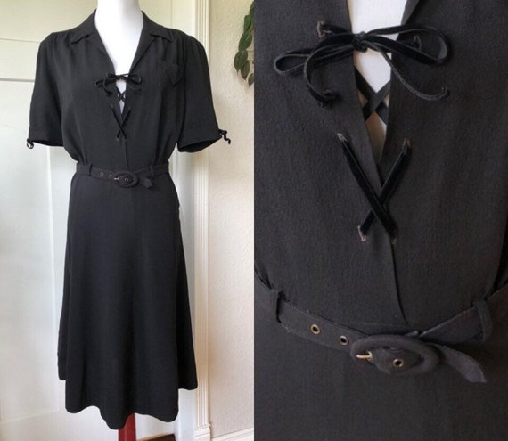 1940s Black Rayon Sexy Velvet Ribbon Crisscross L… - image 1