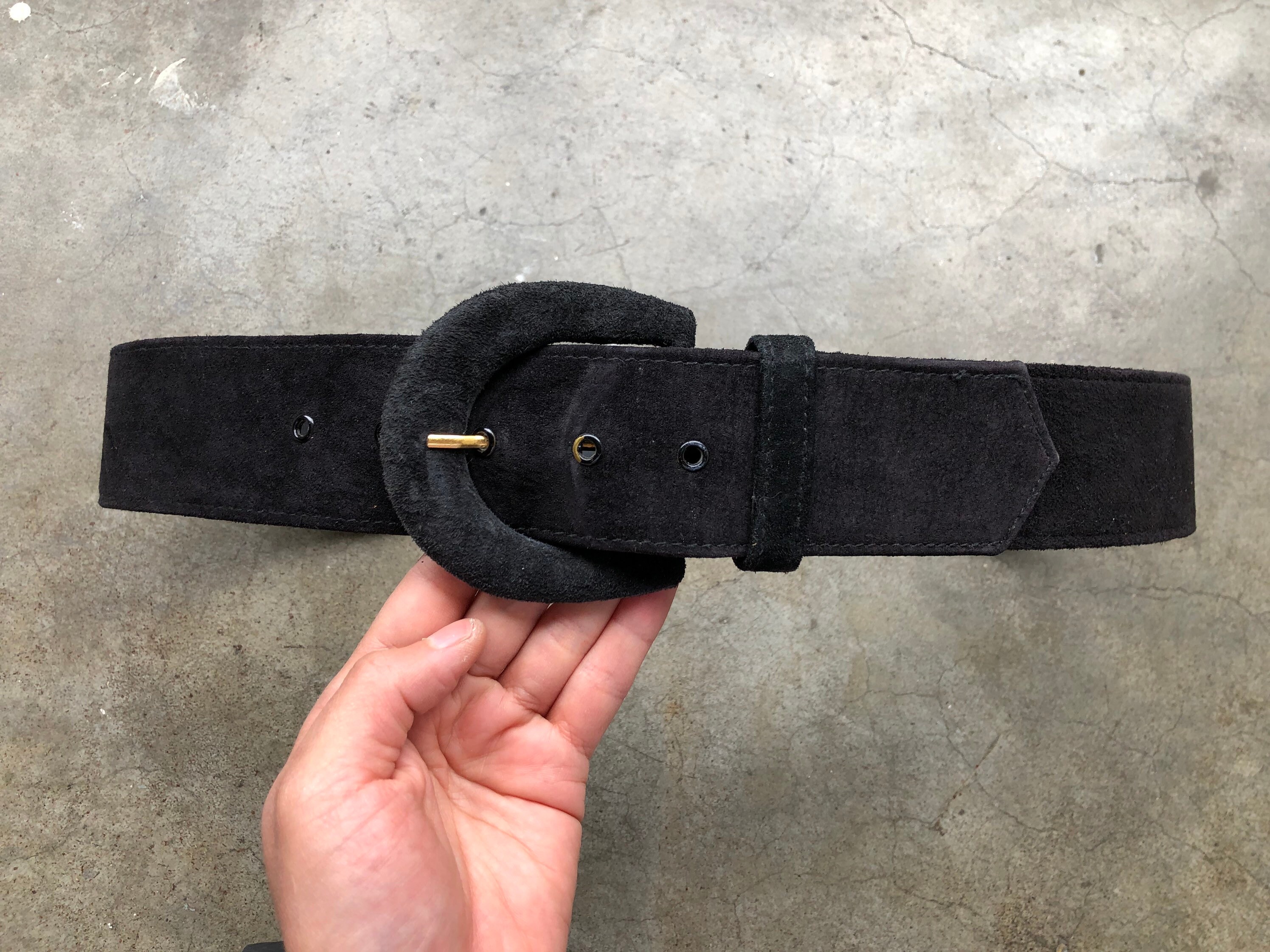 1169【美品】ビューウォーク 1398 ベルト レザー 青 23.5 EEEE Vtg Black Suede Leather Wide Fashion Belt 1980s 80s 1970s