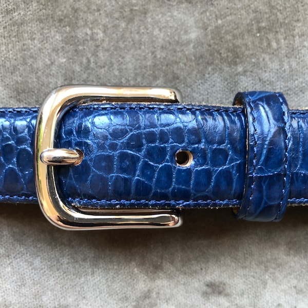 Slim Marine Blue Croc Embossed Leather Belt Silver Steel Buckle Duffer of St. George British Tailored Handmade 1990s Vintage 30 32 34 Waist