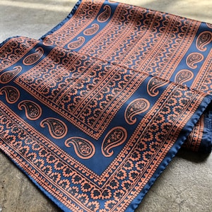 60s 70s Silk Floral Paisley Print Mod Print Long Silk Neck Scarf Shawl Rust Coral Peach Tan Blue 1960s 1970s Vintage Kerchief Foulard Retro