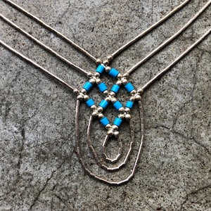 Années 90 Liquid Sterling Silver 925 Petite Dainty Tube Bead Turquoise Stone Beaded Neclace Choker vintage 1990s Southwestern Multi Strand Delicat