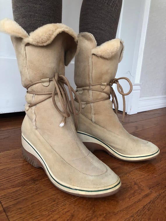 Via Spiga Light Suede Leather Shearling Lamb Fur Sheepskin Lace Up Sneaker Wedge Boots Boho Mukluks US 6.5 7 7.5 1990s 90s y2k Vintage Beige