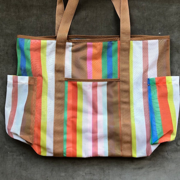 Large Sheer Mesh Candy Rainbow Stripe Retro See Through y2k Brown Neon Pastel Tote Bag Shoulder Beach Purse Vintage Shopper Cargo Pockets