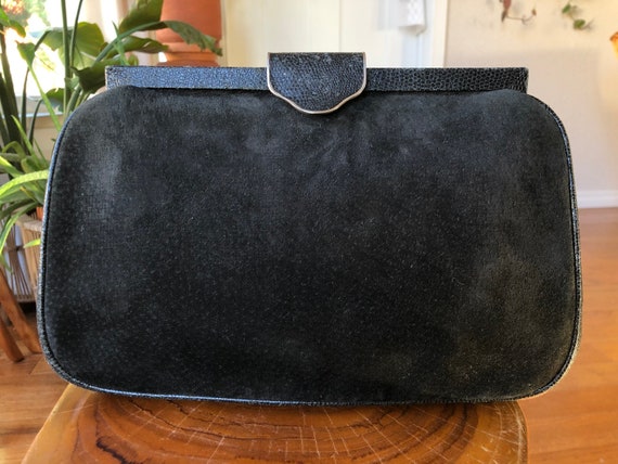 Auth FENDI 70s 80s Large Black Suede Leather Snap… - image 1