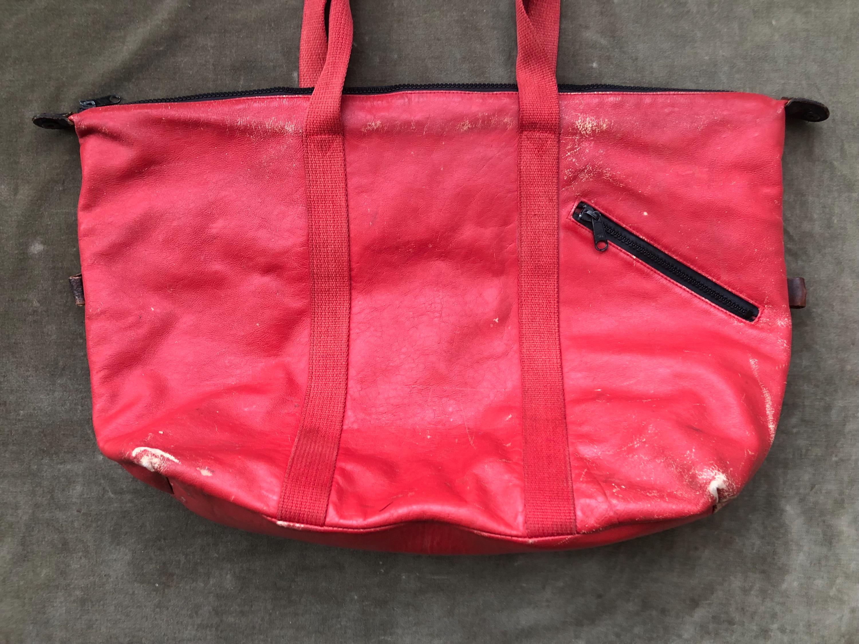 1980s Distressed Red Leather Large Tote Shoulder Purse Bag Work