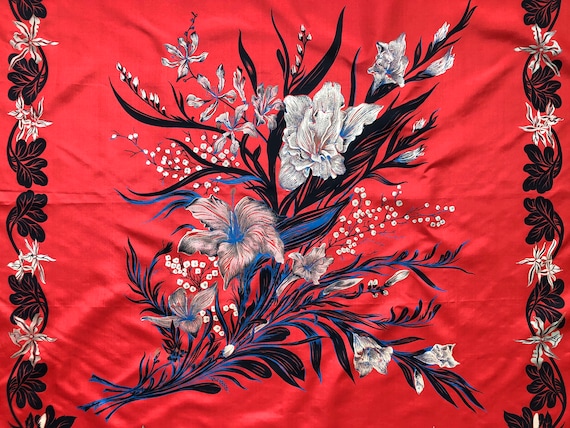 Thai Silk Red Blue Cream Floral Painted Paisley B… - image 10