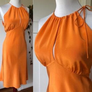 y2k Silk Bright Orange Bias Cut Drapey Strappy Keyhole Halter Empire Babydoll Sleeveless Dress 4 S 1990s 90s Vintage Smocked Drawstring Tie