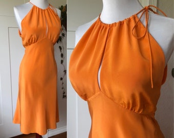 y2k Silk Bright Orange Bias Cut Drapey Strappy Keyhole Halter Empire Babydoll Sleeveless Dress 4 S 1990s 90s Vintage Smocked Drawstring Tie