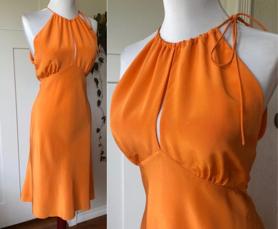 y2k Silk Bright Orange Bias Cut Drapey Strappy Ke… - image 1