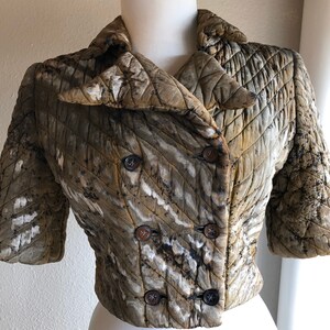 Antique 1920s 30s Silk Quilted Double Breasted Cheongsam Asian Chinese Jacket Coat Vintage 20s 1930s XS Hand Dyed Olive Gray Art Deco Bolero image 3