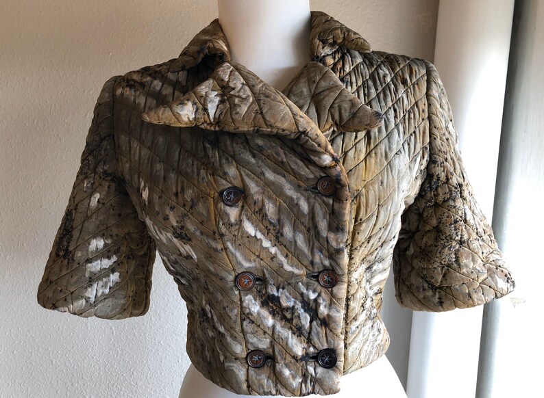 Antique 1920s 30s Silk Quilted Double Breasted Cheongsam Asian Chinese Jacket Coat Vintage 20s 1930s XS Hand Dyed Olive Gray Art Deco Bolero image 3