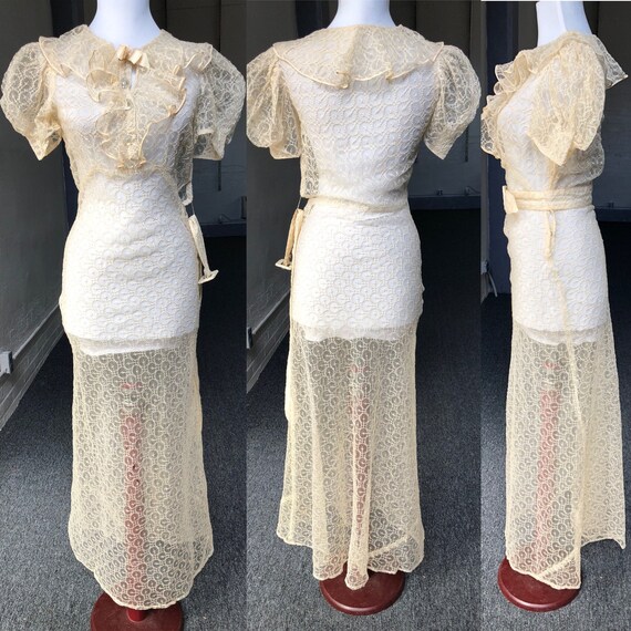 Antique 1930s Sheer Ivory Cream Floral Embroidere… - image 9