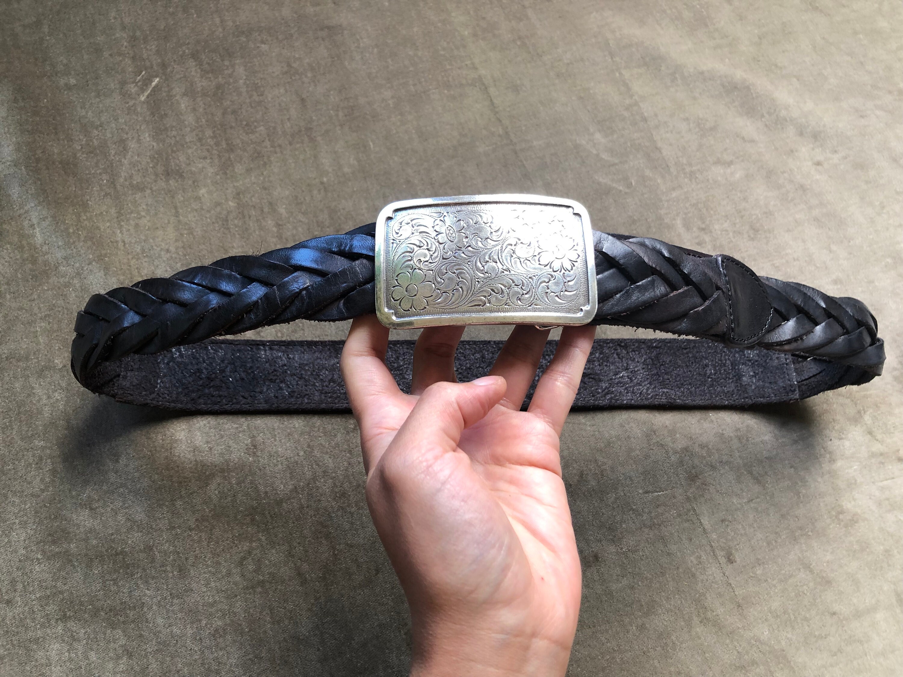 90s Braided Woven Thick Black Leather Belt Silver Floral 