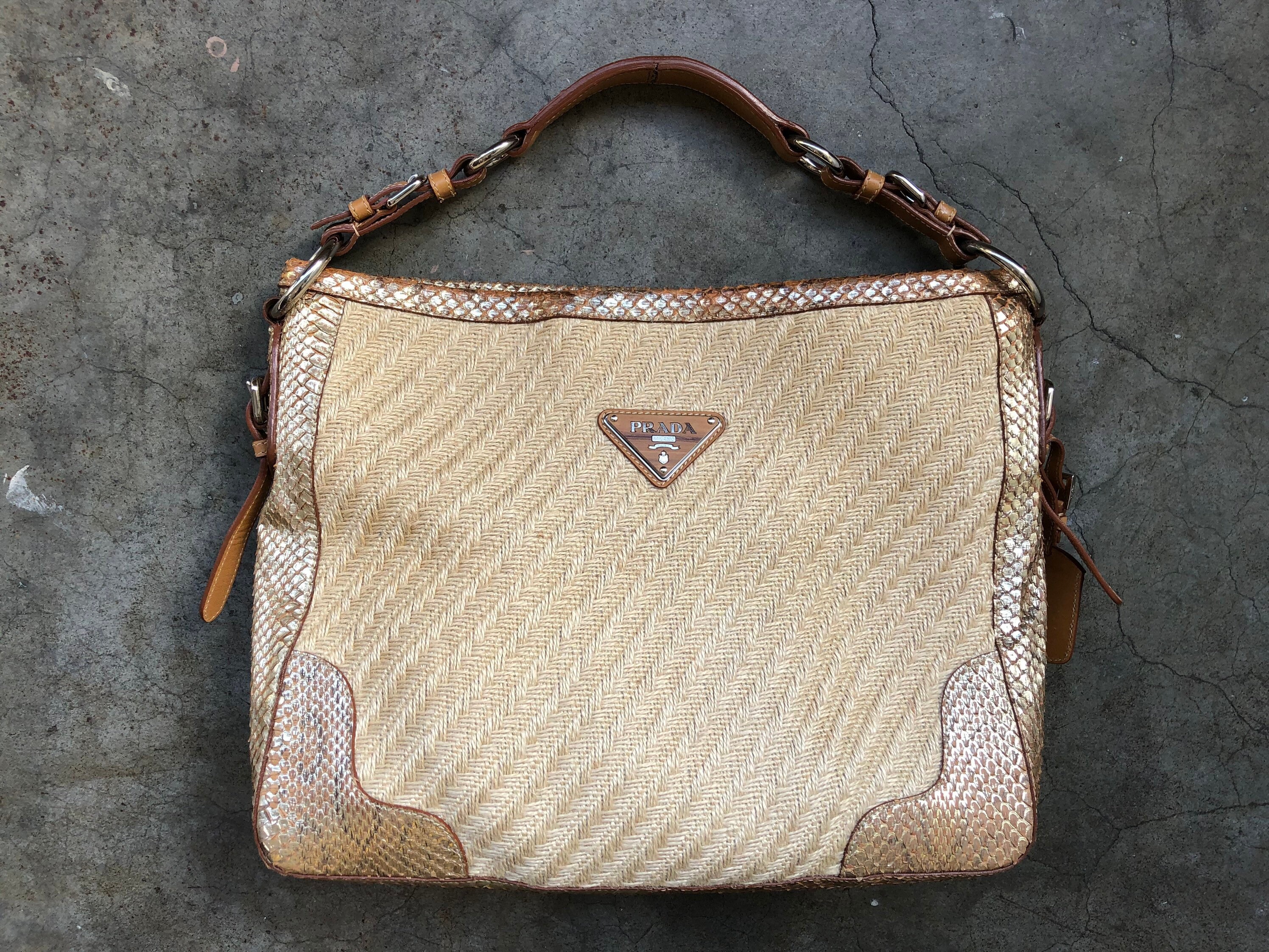 Prada Python-Trimmed Raffia Shoulder Bag