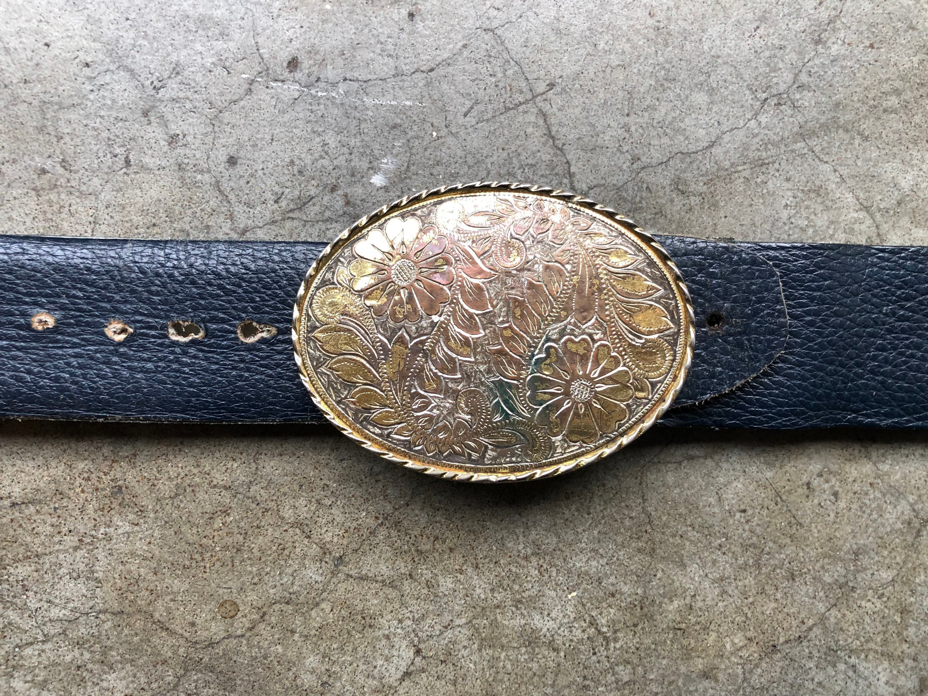 Vintage Charmant Gold Floral and Navy Blue Rose Buckles w/ Waist Belt 70s Painted Red Rose Cameo Belt Buckle: Western Cowgirl Floral  main image 4