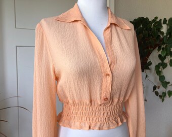 Sheer Silk Chiffon Crinkle Smocked Waist Retro Boho Peasant Blouse Vintage y2k XS Button Up Top Peach Light Pink Long Puff Sleeves 1970s 70s