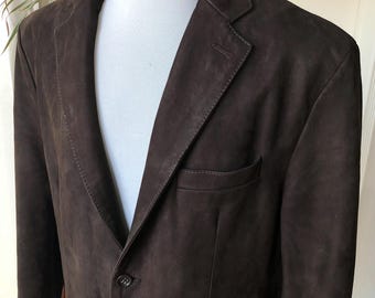 Męska kurtka ze skóry nubukowej i zamszu w kolorze ciemnobrązowym, sportowa, vintage, lata 90., y2k, Banana Republic, rozmiar 40L, 40 L, długa, rustykalna, postarzana, noszona, 2 guziki