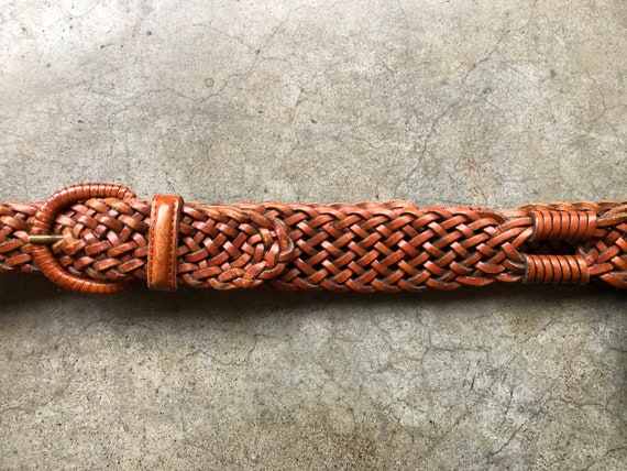 Buy 90s Lands End Brown Leather Woven Wide Belt 1990s  display picture 1