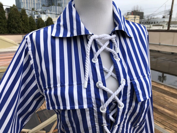 Polo Ralph Lauren Cotton Poplin Corset Lace up Rope Nautical Oxford Shirt  Dress Sailor Blouse Blue White Striped Stripe XS Shirtdress Beach -   Canada