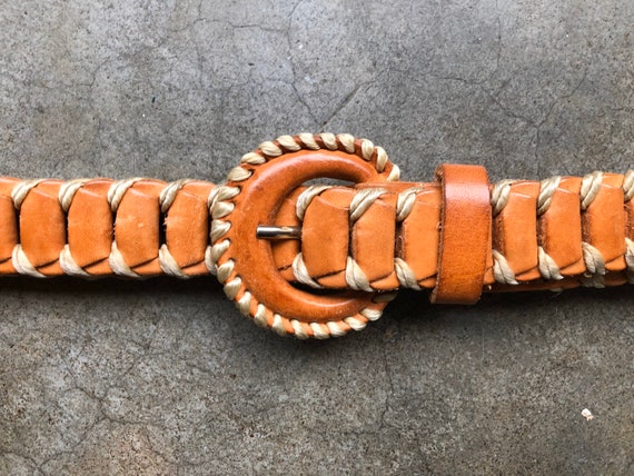 Ceinture Cuir Tressée Marron Et Blanc - Style Western - Taille 34 Pouces - Boucle Acier