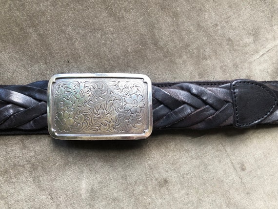 90s Braided Woven Thick Black Leather Belt Silver Floral  display picture 1