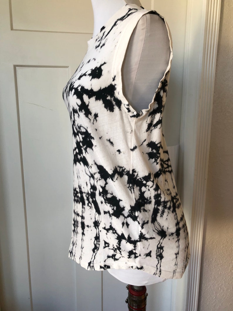 Raquel Allegra Designer Sleeveless Cotton Thin Knit Tee T Shirt Tank Distressed Tiedye Ink Splatter XS S California Boho White Black Grunge image 8