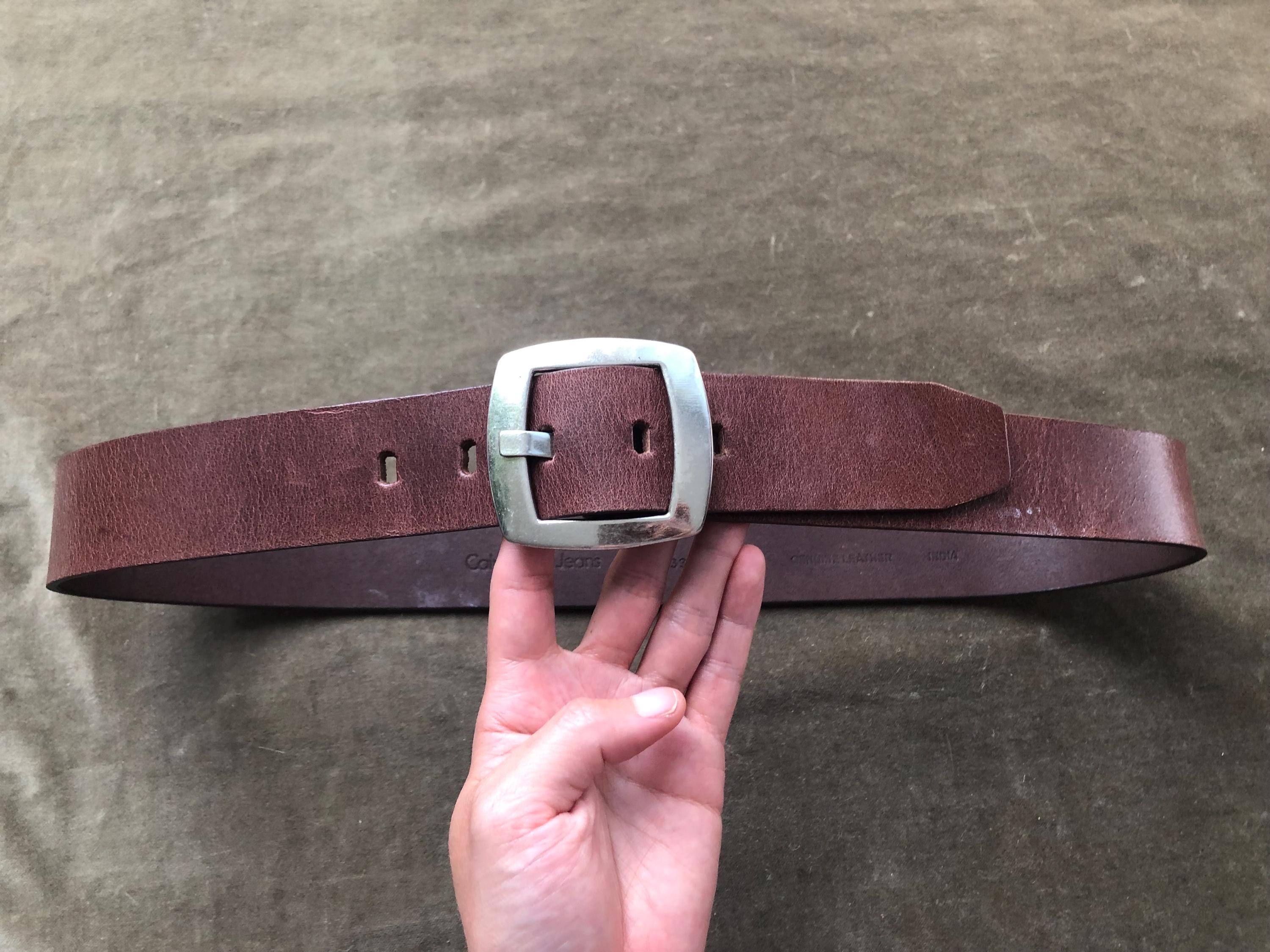 90’s Calvin Klein Jeans Brown Leather Belt with Silver Buckle Calvin Klein Leather Silver Belts for Women for sale | eBay main image 2