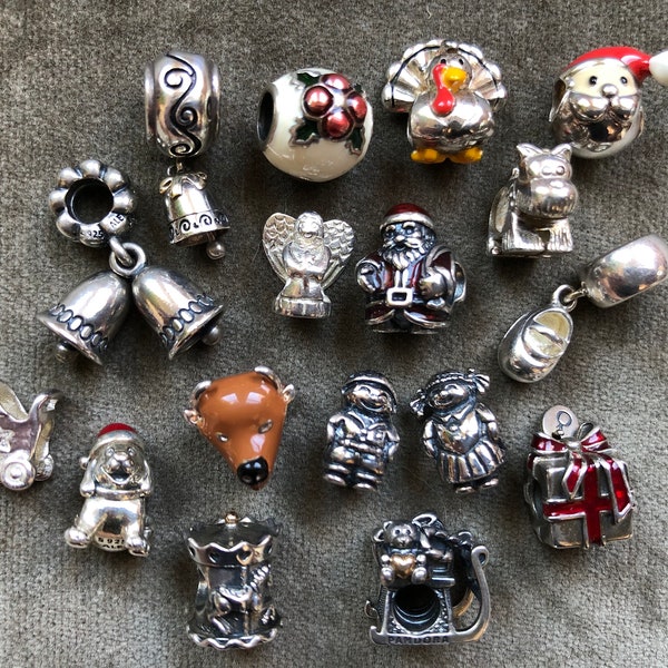 17pc Pandora Christmas Holiday Lot Charms Beads Bobbles 51g Assorted Vintage Solid Sterling Silver 925 Retired Xmas Enameled Santa Reindeer