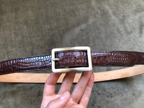 Skinny Dark Brown Croc Embossed Leather Belt 1990… - image 7