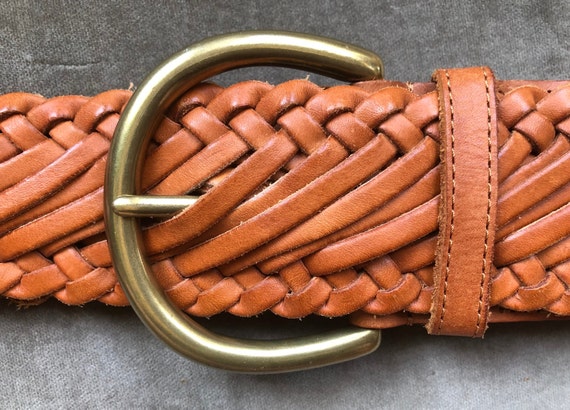 Vintage Wide Woven Tan Brown Leather Belt Braided… - image 1