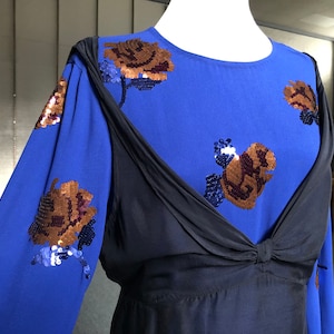 Dries Van Noten Blue Floral Sequined Blouse Under Sheer Silk Tank Camisole Top M L 38 Art Deco Vintage 1940s 40s Insp Retro Sequin Shimmery