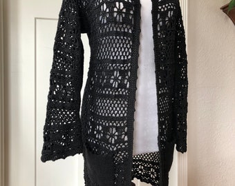 1960s 70s Black Linen Crochet Open Front Long Knit Cardigan