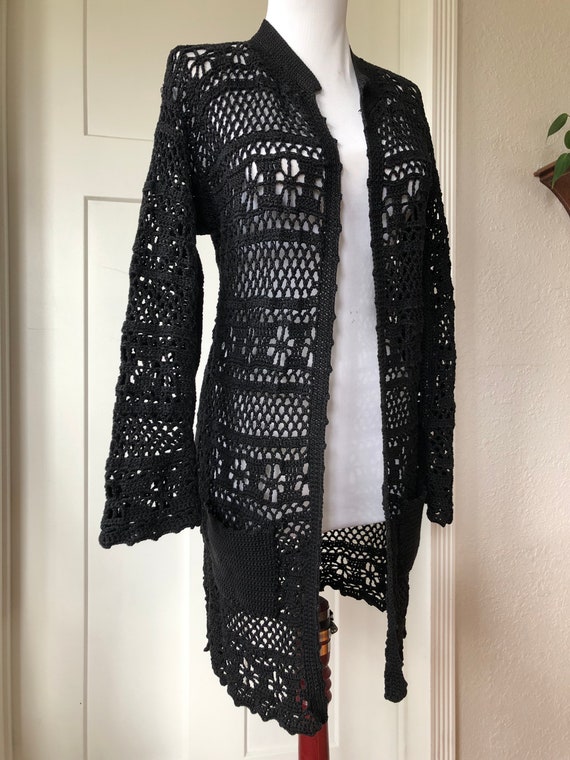 1960s 70s Black Linen Crochet Open Front Long Knit Cardigan